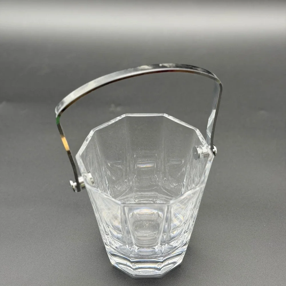 Vintage Crystal Glass Ice Bucket with Silver Swing Handle Panel Cut Barware